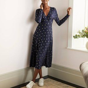 Boden Gemma Jersey Dress Navy, Gold Foil Spot NWT